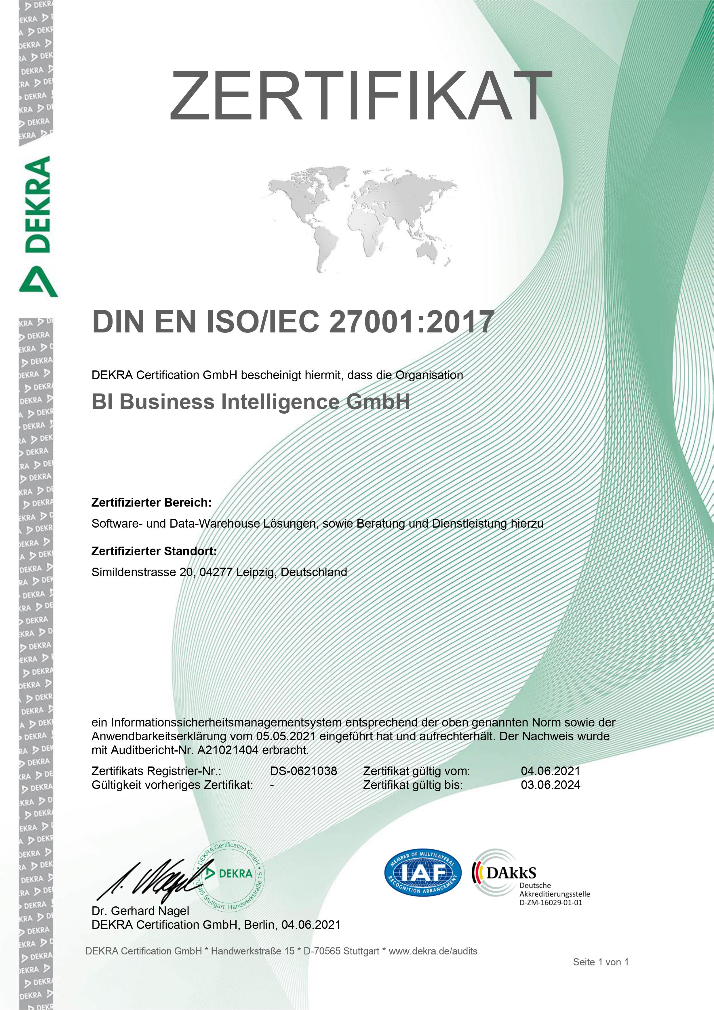 DEKRA DIN EN ISO/IEC 27001:2017 Zertifikat